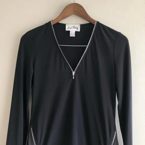 Joseph Ribkoff Vintage Fitted Long Sleeve Zipper V Neck Bodycon Mini Dress Black - Picture 2 of 9